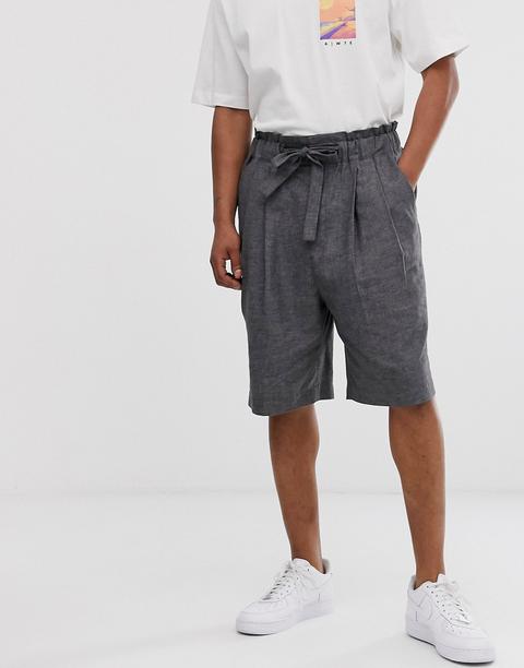 Asos White Wide Smart Shorts In Crosshatch Linen Mix-grey