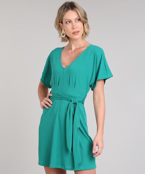 Vestido Feminino Curto Evasê Canelado Com Faixa Para Amarrar Manga Curta Verde