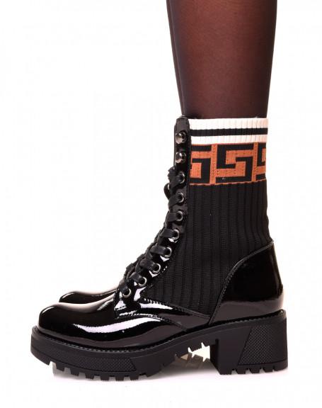 Bottines Montantes Noires Vernies À Effet Chaussette