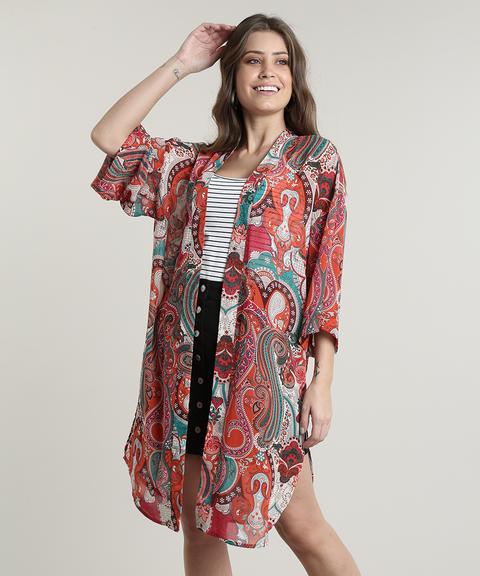 Kimono Feminino Longo Estampado Paisley Com Fendas Laranja