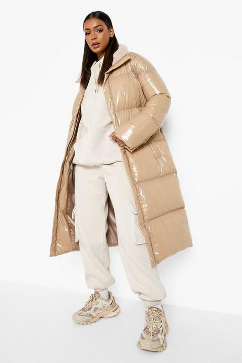 Womens High Shine Faux Fur Trim Puffer - Beige - 10, Beige