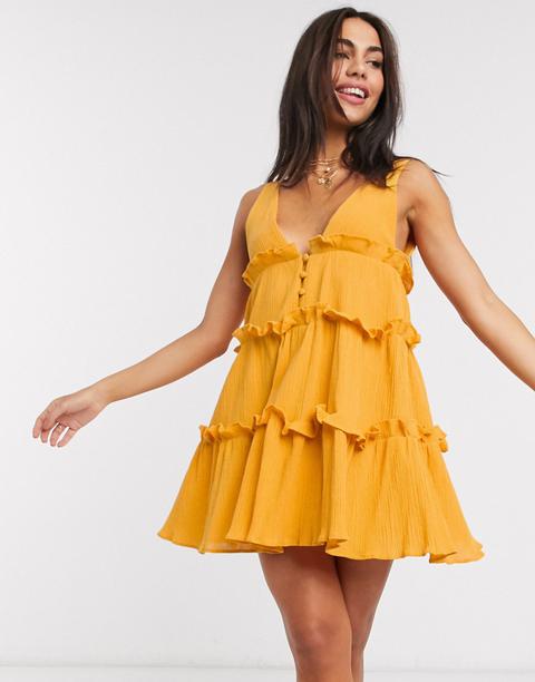 Asos Design Button Front Tiered Mini Sundress In Textured Crinkle In Mustard-yellow