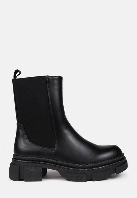 Black Chunky Sole Pull On Ankle Boots, Black