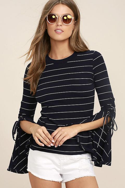 Found My Mate Navy Blue Striped Lace-up Top