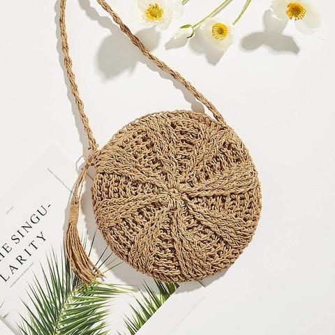 Tassel Detail Round Straw Crossbody Bag