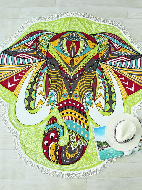 Manta Para La Playa Asimétrica Con Estampado De Elefante Y Diseño De Flecos Multicolor