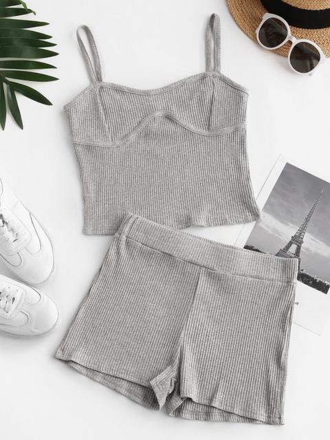 Ribbed Cropped Two Piece Set Gray Goose