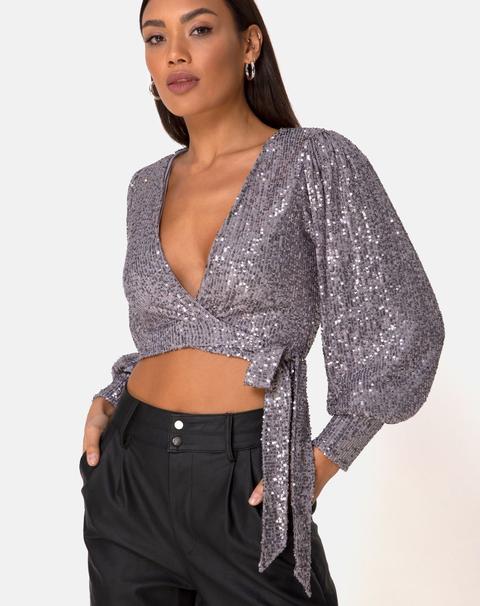 Erina Longsleeve Top In Drape Net Silver