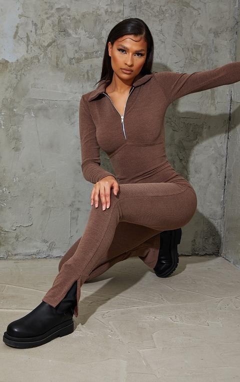 Chocolate Underbust Binding Detail Rib Jumpsuit