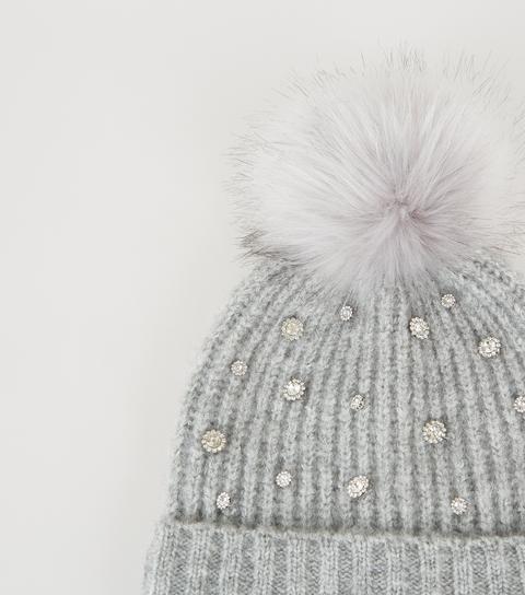 Grey Ribbed Gem Embellished Bobble Hat New Look