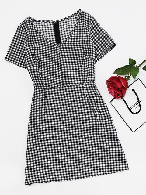 V Neckline Gingham Print Dress