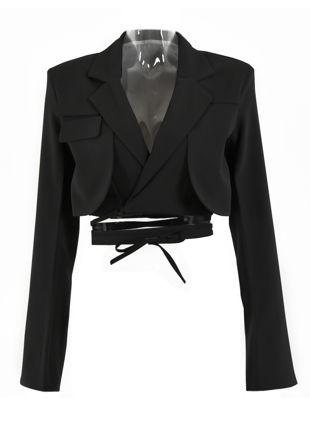 Detachable Tie Wrap Over Gun Flapped Cropped Blazer Top Black