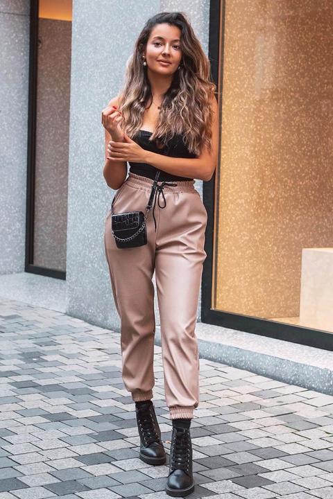 Beige Faux Leather Drawstring Waist Joggers Persia from