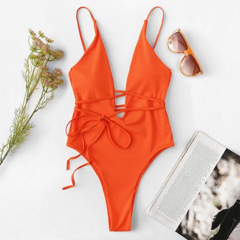 Costume Da Bagno Capestro Con Collo Profondo E Cintura