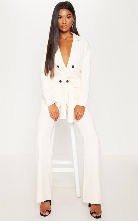 Cream Belted Longline Woven Blazer