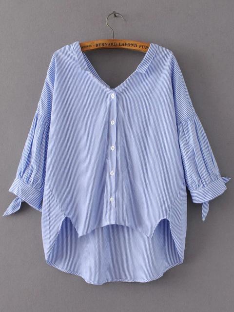 Blusa Asimétrica De Rayas Puños Con Cordones Azul