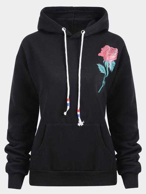 Kangaroo Pocket Rose Print Hoodie