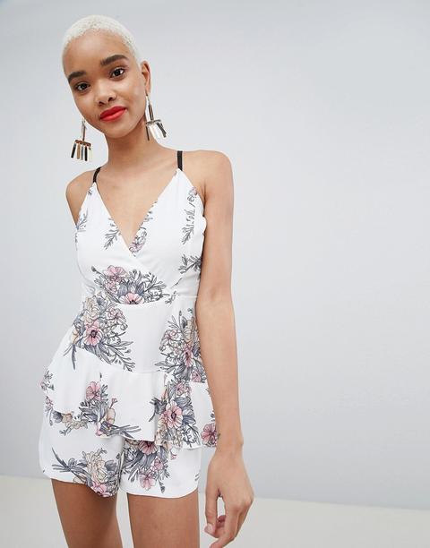 Prettylittlething - Tuta Corta A Fiori - Bianco