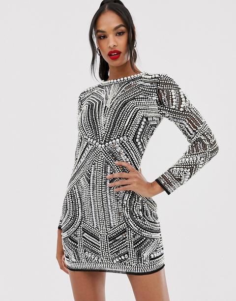 Asos Edition - Robe Moulante Courte À Sequins Et Perles Avec Découpe Au Dos-noir