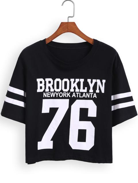 Nero Manica Corta Brooklyn 76 Stampa Numero Comfort Racewear Monogrammed Crop T-shirt