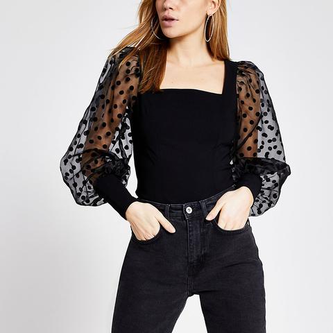 Black Long Organza Polka Dot Sleeve Top