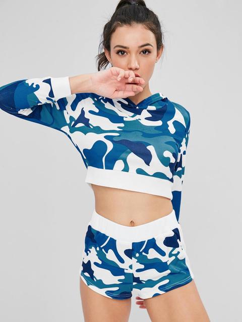 Felpa Con Cappuccio Corta E Pantaloncini Di Camouflage Blue
