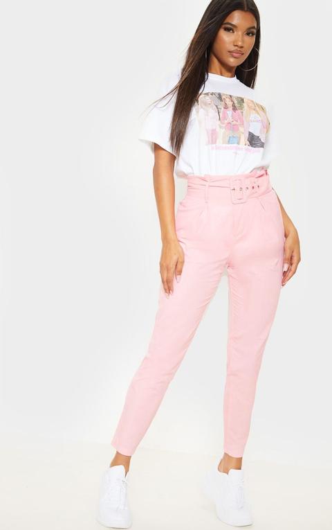 Pastel Pink Belted Paperbag Tapered Trouser, Pink