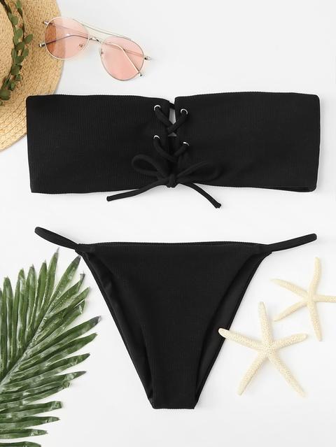 Lace Up Bandeau With Ribbed Tanga Bikini Set