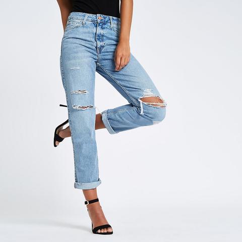 Mid Blue High Rise Mom Fit Ripped Jeans