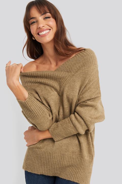 Na-kd Slip Shoulder Knitted Sweater - Beige