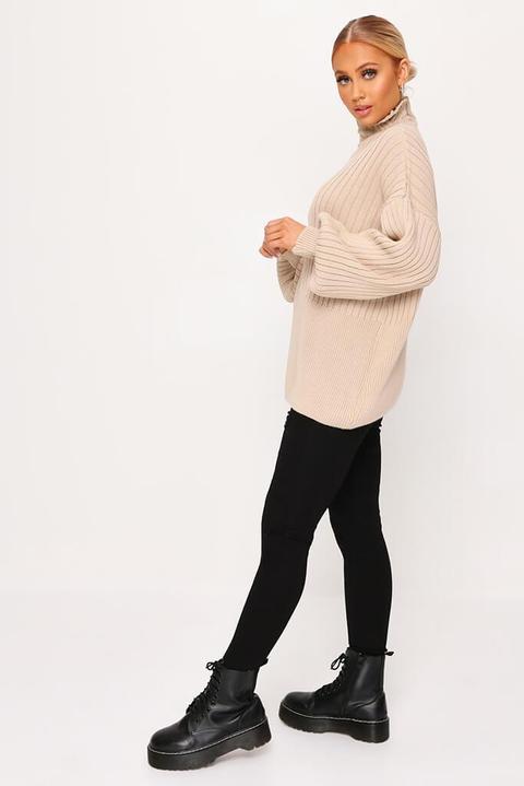 Stone Balloon Sleeve Rib Knit Jumper