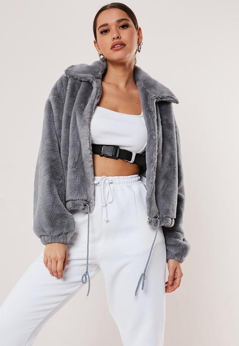 Grey Cropped Faux Fur Bomber Jacket