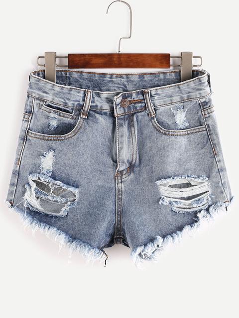 Shorts Rotos Deflecados En Denim - Azul