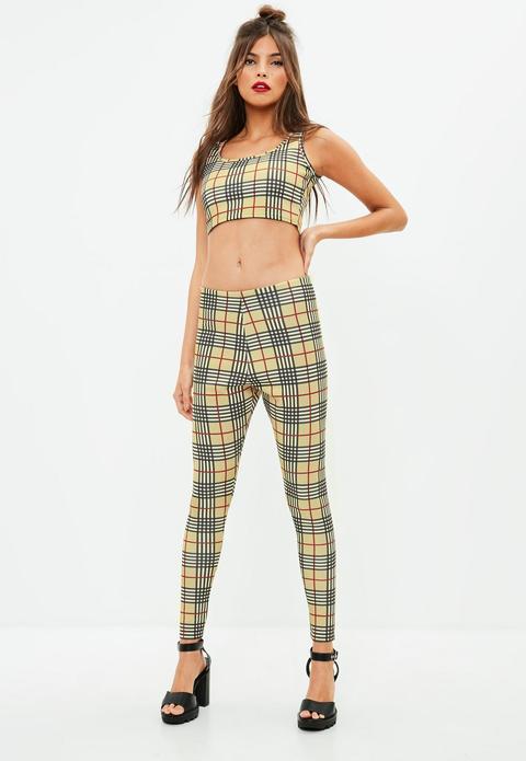 Beige Checked Leggings & Crop Top Co-ord Set, Cream