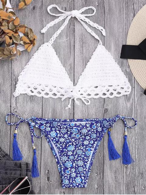 Bikini De Ganchillo Con Forro Con Estampado De Flor Minúsculo Con Cordón White