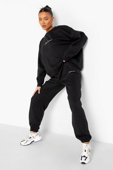 Womens Recycled Oversized Embroidered Woman Joggers - Black - 10, Black