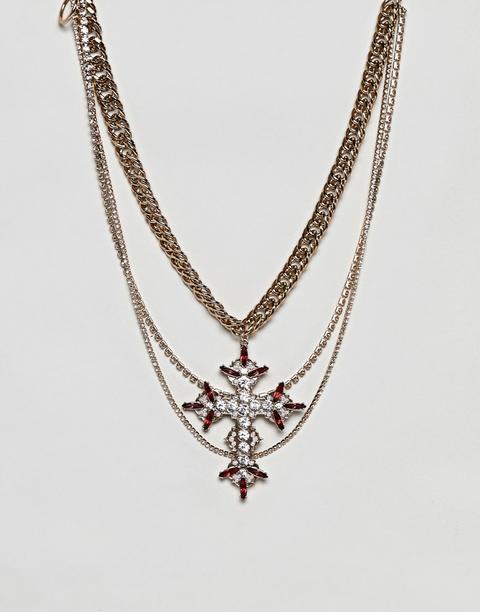 Asos Design Statement Multirow Necklace With Vintage Cross Pendant