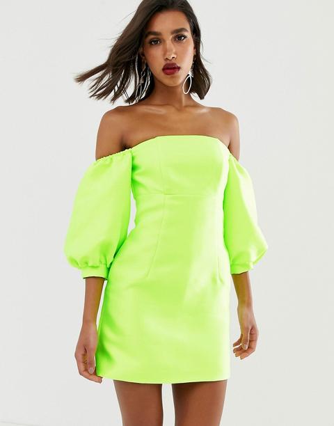 Asos Edition Puff Sleeve Off Shoulder Mini Dress-yellow