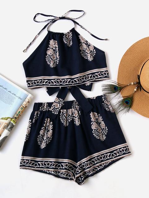 Tie Back Halter Top And Shorts Co-ord