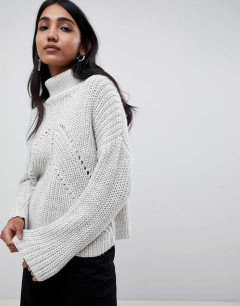 Asos Design - Maglione A Collo Alto Con Cuciture A Coste Mosse - Pietra