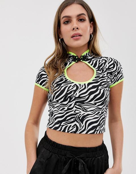 Asos Design - Top À Col Mao Et Imprimé Animal Avec Bordure Fluo