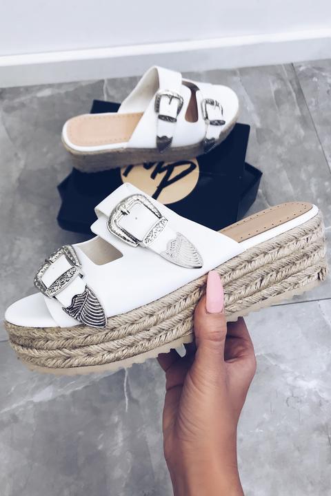 Bella White Western Buckle Espadrille Flatforms