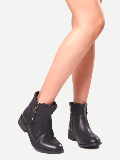 Black Faux Leather Side Zipper Mid Heeled Boots