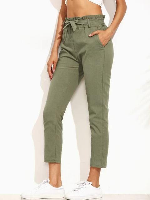 Pantalones Volantes Cintura Con Cordón - Verde Militar