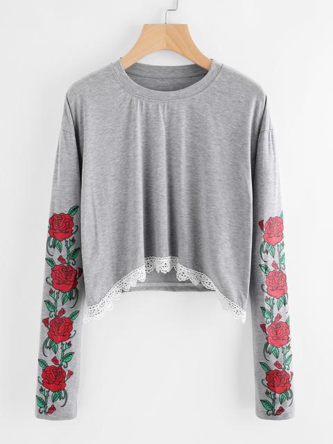 Rose Print Sleeve Lace Hem Tee