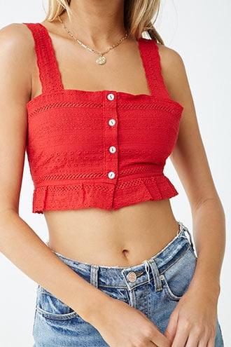 Forever 21 Eyelet Button-front Crop Top , Red