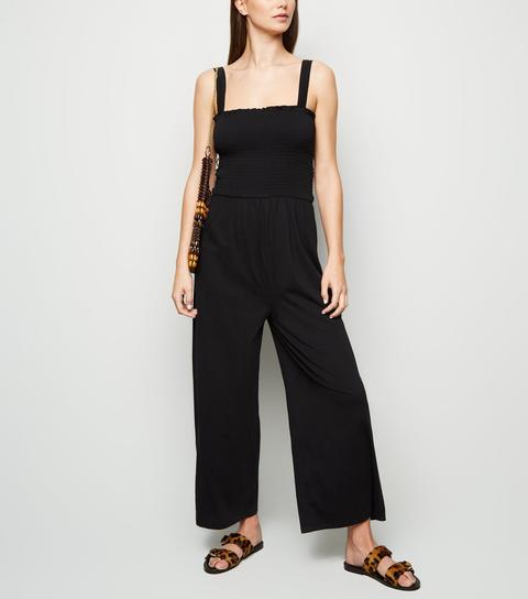 Tall Black Shirred Wide Leg Jumpsuit New Look