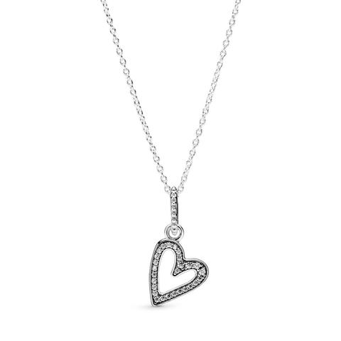 Pandora Sparkling Freehand Heart Pendant Necklace - Silicone / Sterling Silver / Clear