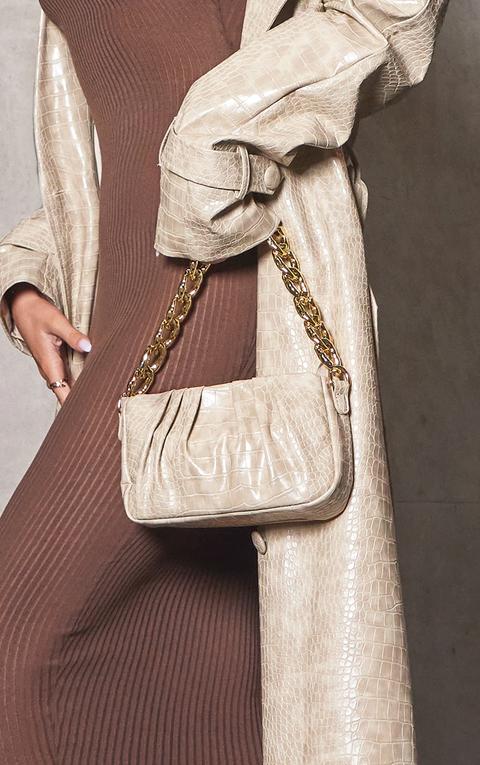 Cream Pu Croc Gold Chain Shoulder Bag