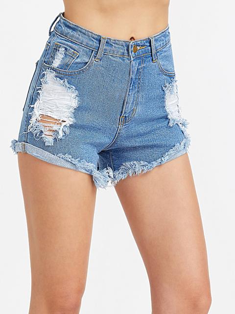 Shorts Rotos En Denim - Azul